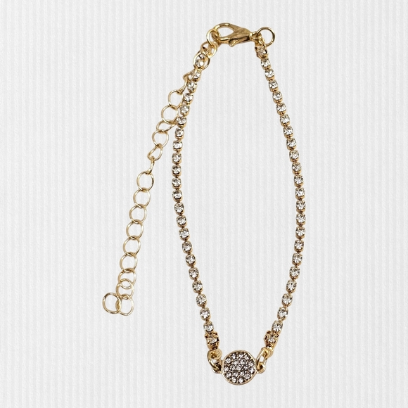 Adjustable gold tennis bracelet central circular‎ pave-set charm 7"+3" ext NWOT - Picture 1 of 5